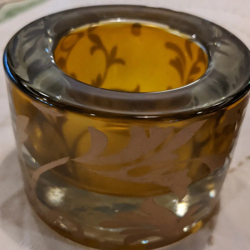 Candle Tealight Holder Set Zodax Gold Amber Floral Vines Round Heavy Glass